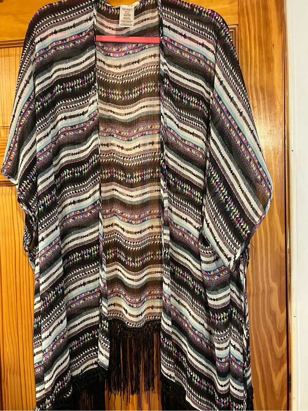 Jessica Simpson Multicolor Striped Fringe Kimono - Black, White & Pastel